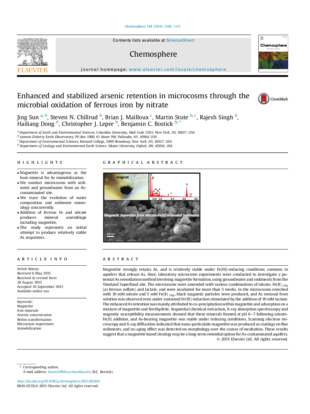 Enhanced and stabilized arsenic retention in microcosms through the microbial oxidation of ferrous iron by nitrate