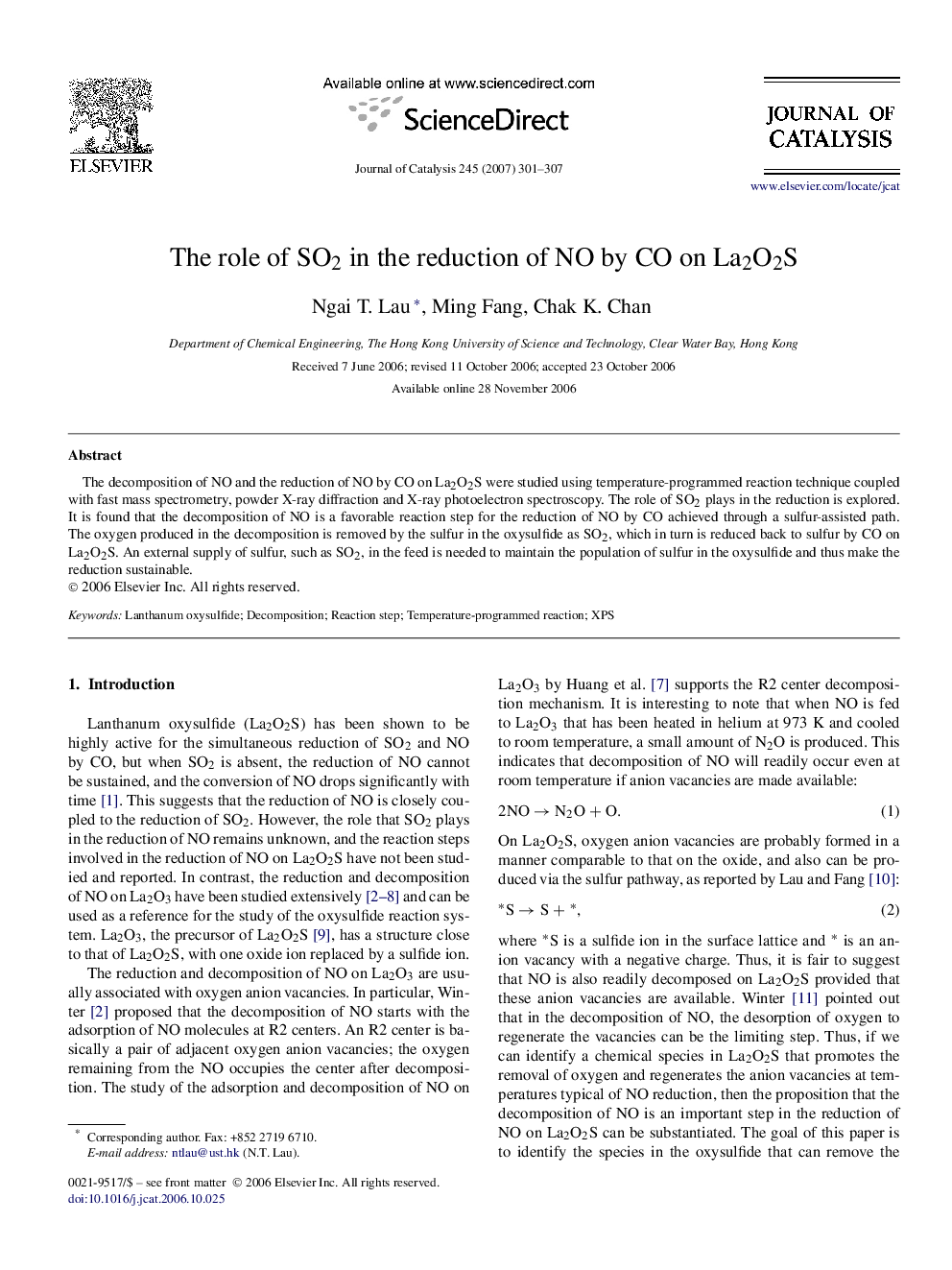 The role of SO2 in the reduction of NO by CO on La2O2S