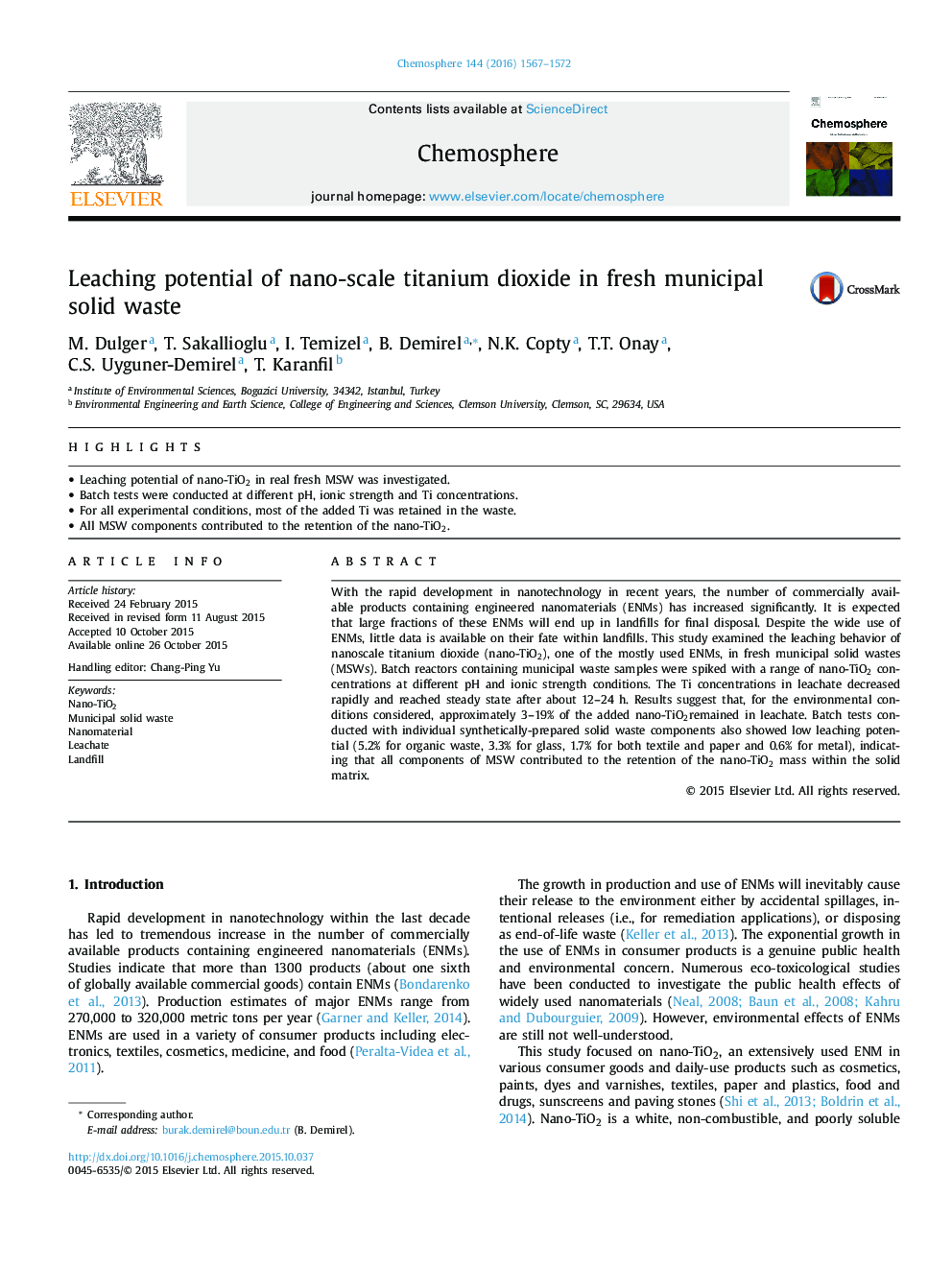 Leaching potential of nano-scale titanium dioxide in fresh municipal solid waste