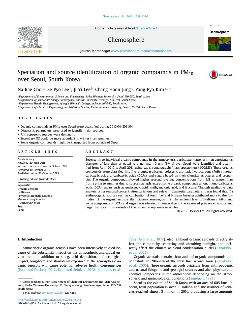 Speciation and source identification of organic compounds in PM10 over Seoul, South Korea