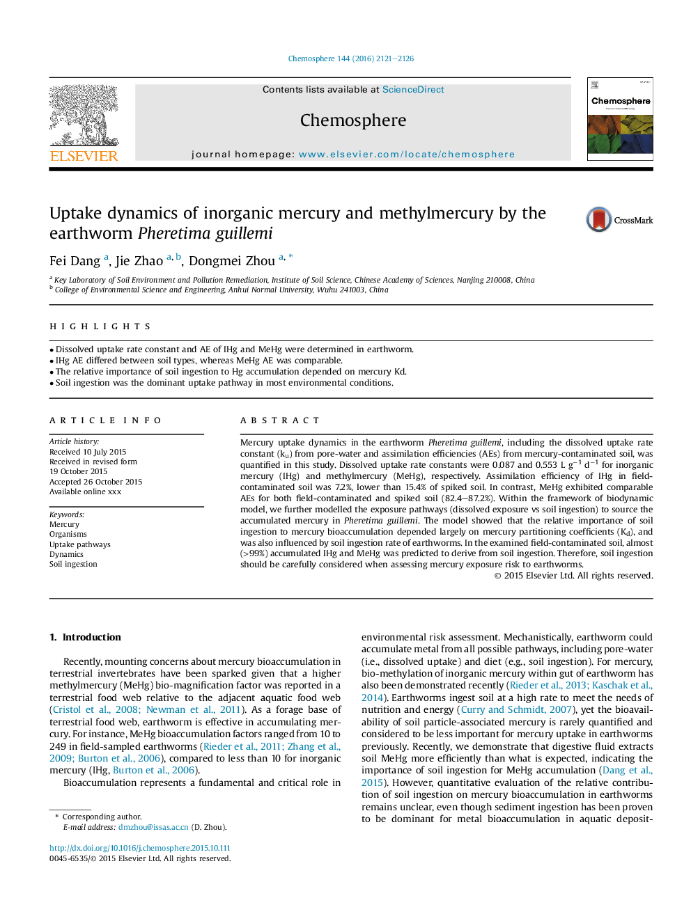 Uptake dynamics of inorganic mercury and methylmercury by the earthworm Pheretima guillemi
