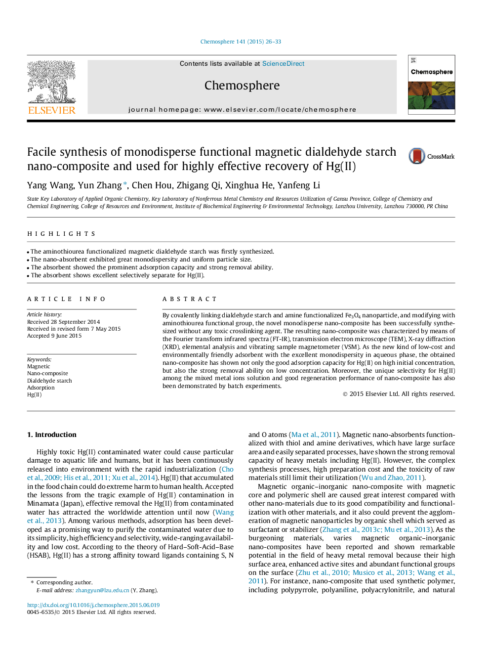 Facile synthesis of monodisperse functional magnetic dialdehyde starch nano-composite and used for highly effective recovery of Hg(II)