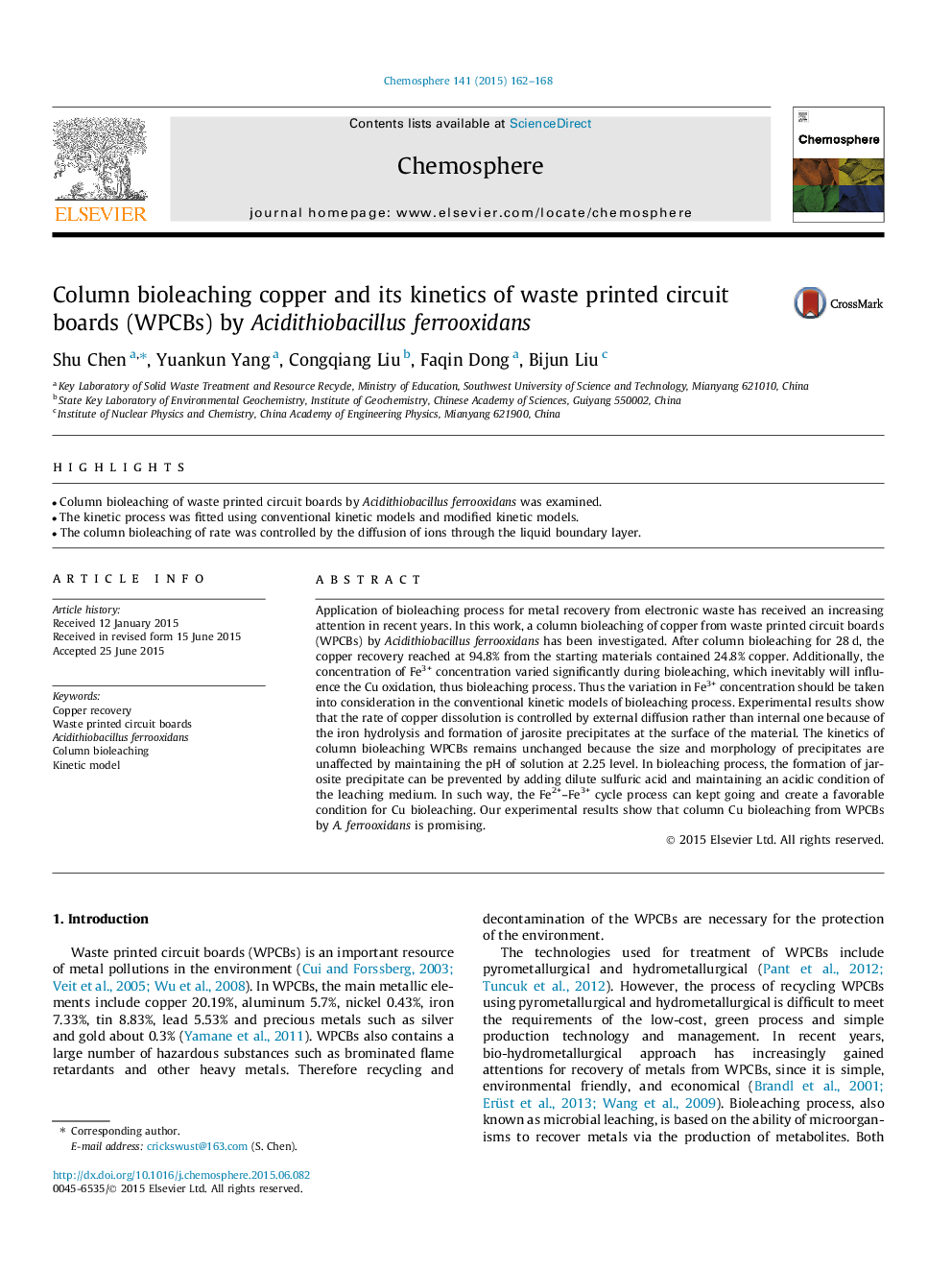 Column bioleaching copper and its kinetics of waste printed circuit boards (WPCBs) by Acidithiobacillus ferrooxidans