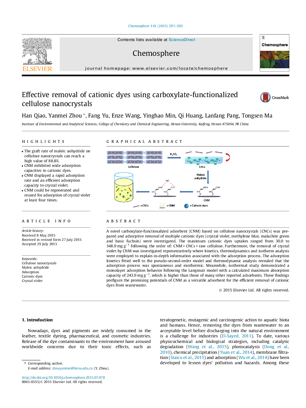 Effective removal of cationic dyes using carboxylate-functionalized cellulose nanocrystals