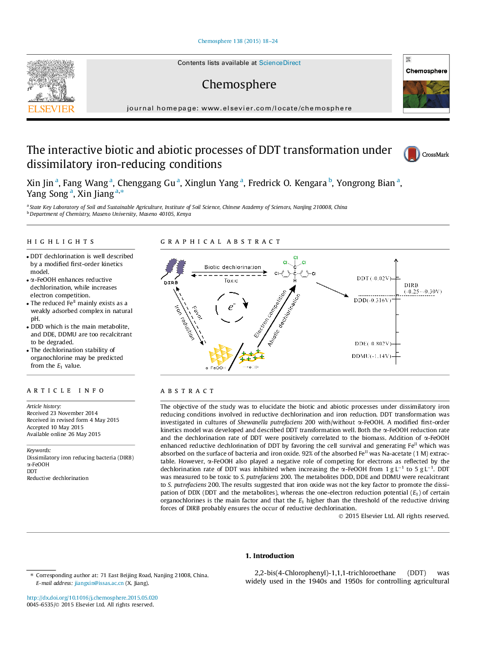 The interactive biotic and abiotic processes of DDT transformation under dissimilatory iron-reducing conditions