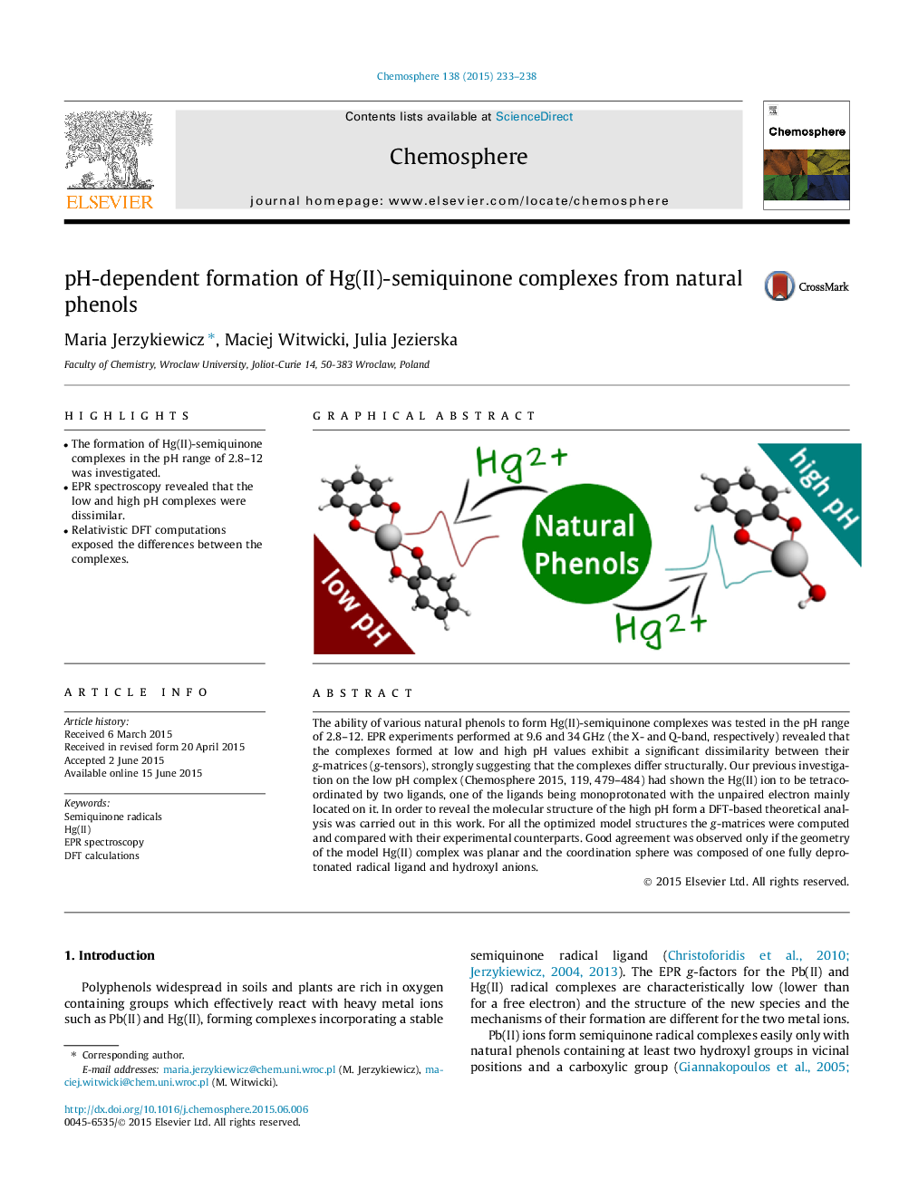 pH-dependent formation of Hg(II)-semiquinone complexes from natural phenols