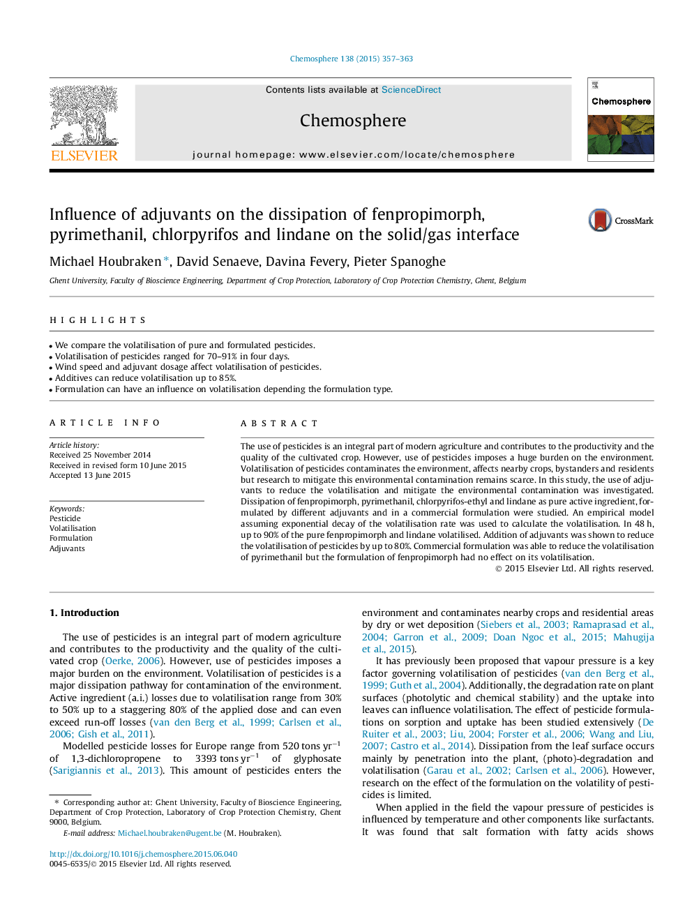 Influence of adjuvants on the dissipation of fenpropimorph, pyrimethanil, chlorpyrifos and lindane on the solid/gas interface