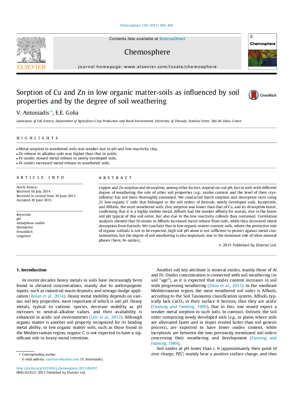 Sorption of Cu and Zn in low organic matter-soils as influenced by soil properties and by the degree of soil weathering