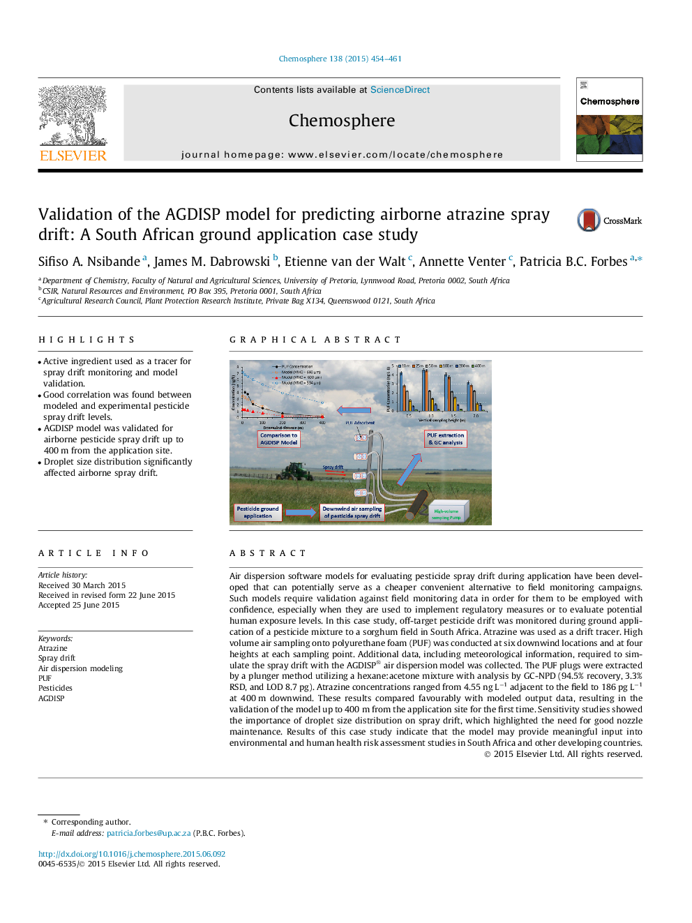 Validation of the AGDISP model for predicting airborne atrazine spray drift: A South African ground application case study