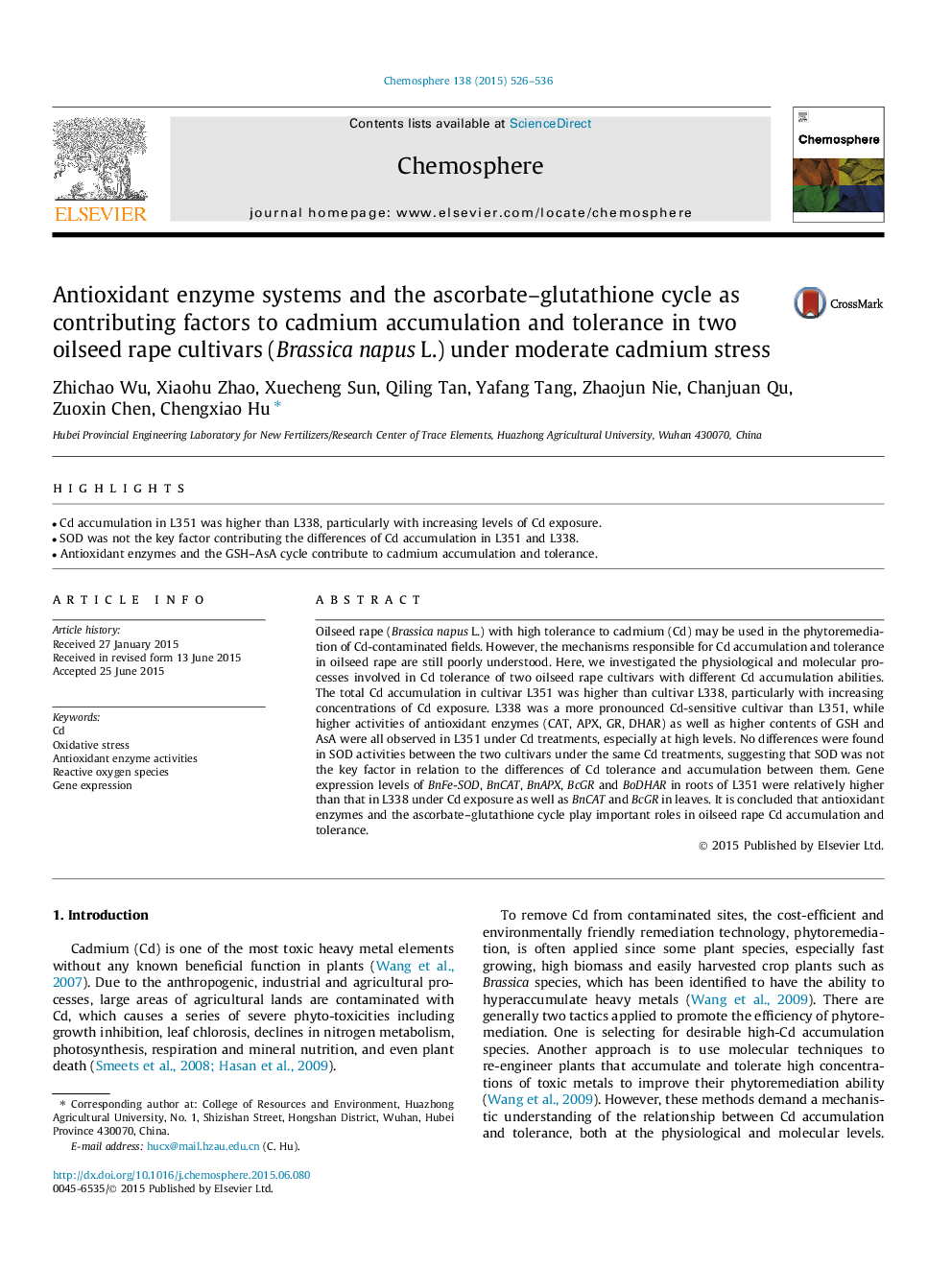 Antioxidant enzyme systems and the ascorbate-glutathione cycle as contributing factors to cadmium accumulation and tolerance in two oilseed rape cultivars (Brassica napus L.) under moderate cadmium stress