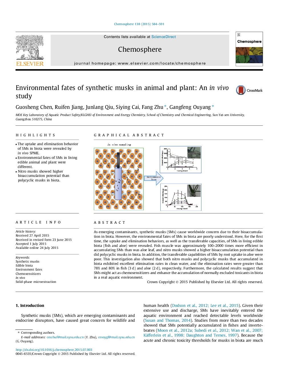 Environmental fates of synthetic musks in animal and plant: An in vivo study