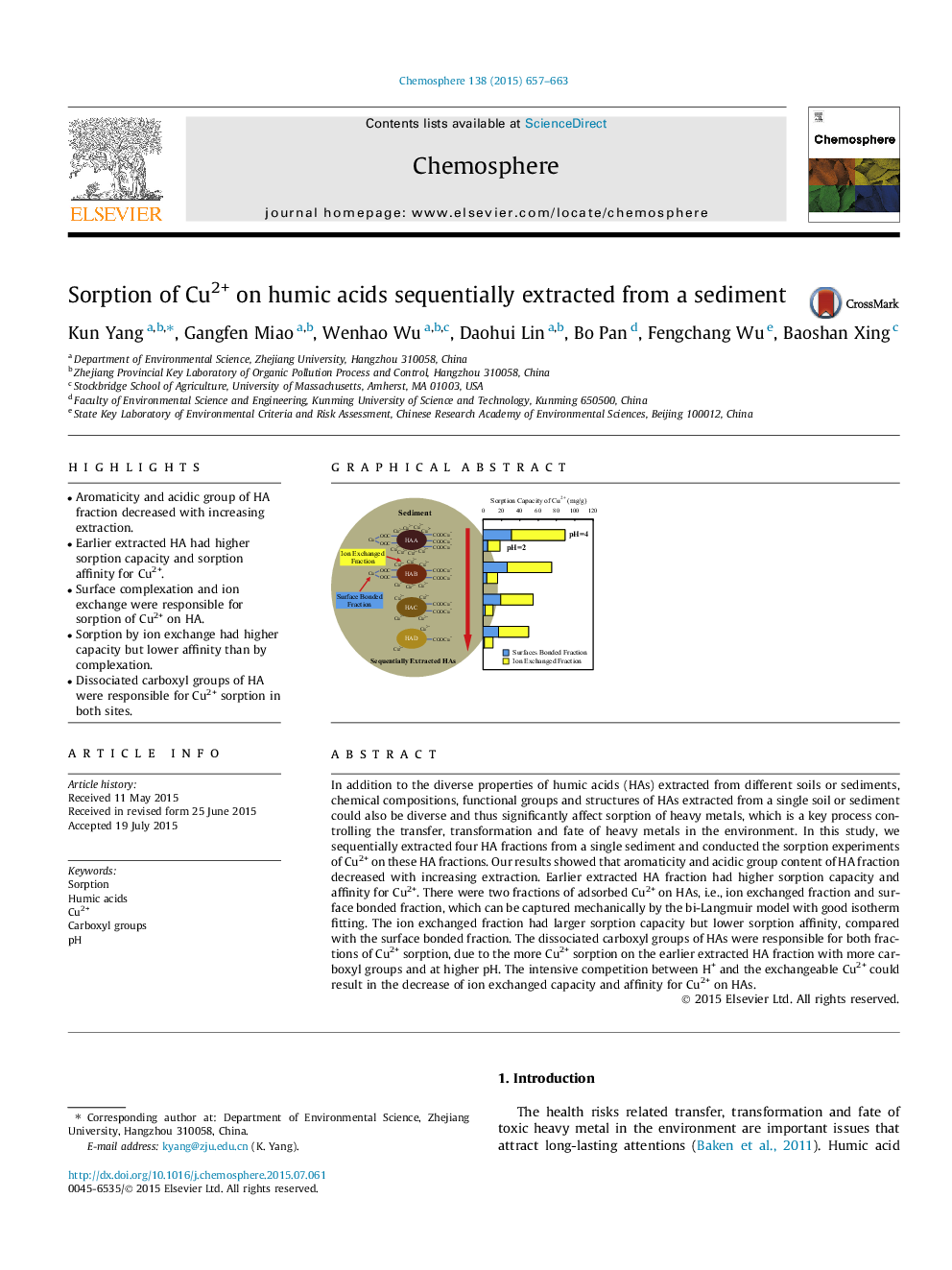 Sorption of Cu2+ on humic acids sequentially extracted from a sediment