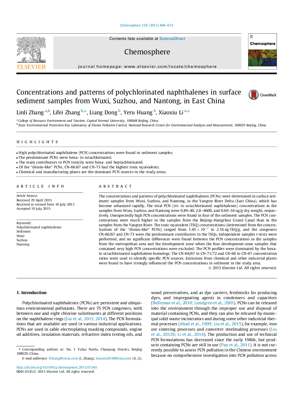 Concentrations and patterns of polychlorinated naphthalenes in surface sediment samples from Wuxi, Suzhou, and Nantong, in East China