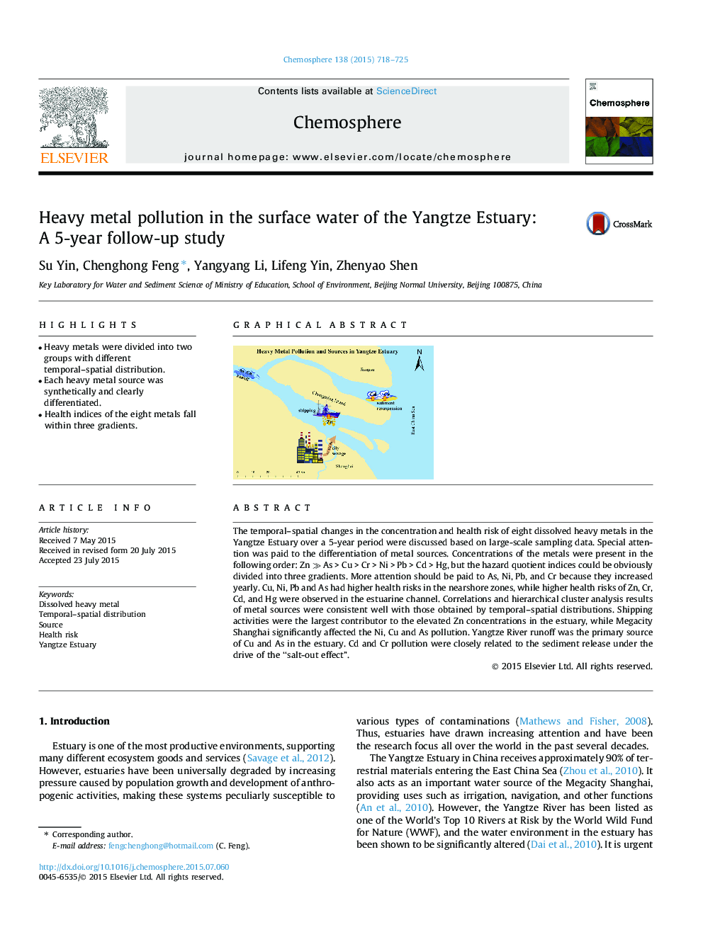 Heavy metal pollution in the surface water of the Yangtze Estuary: A 5-year follow-up study