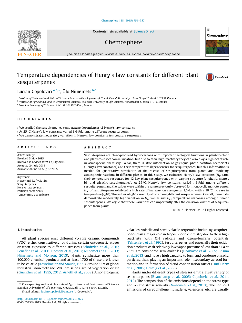 Temperature dependencies of Henry's law constants for different plant sesquiterpenes