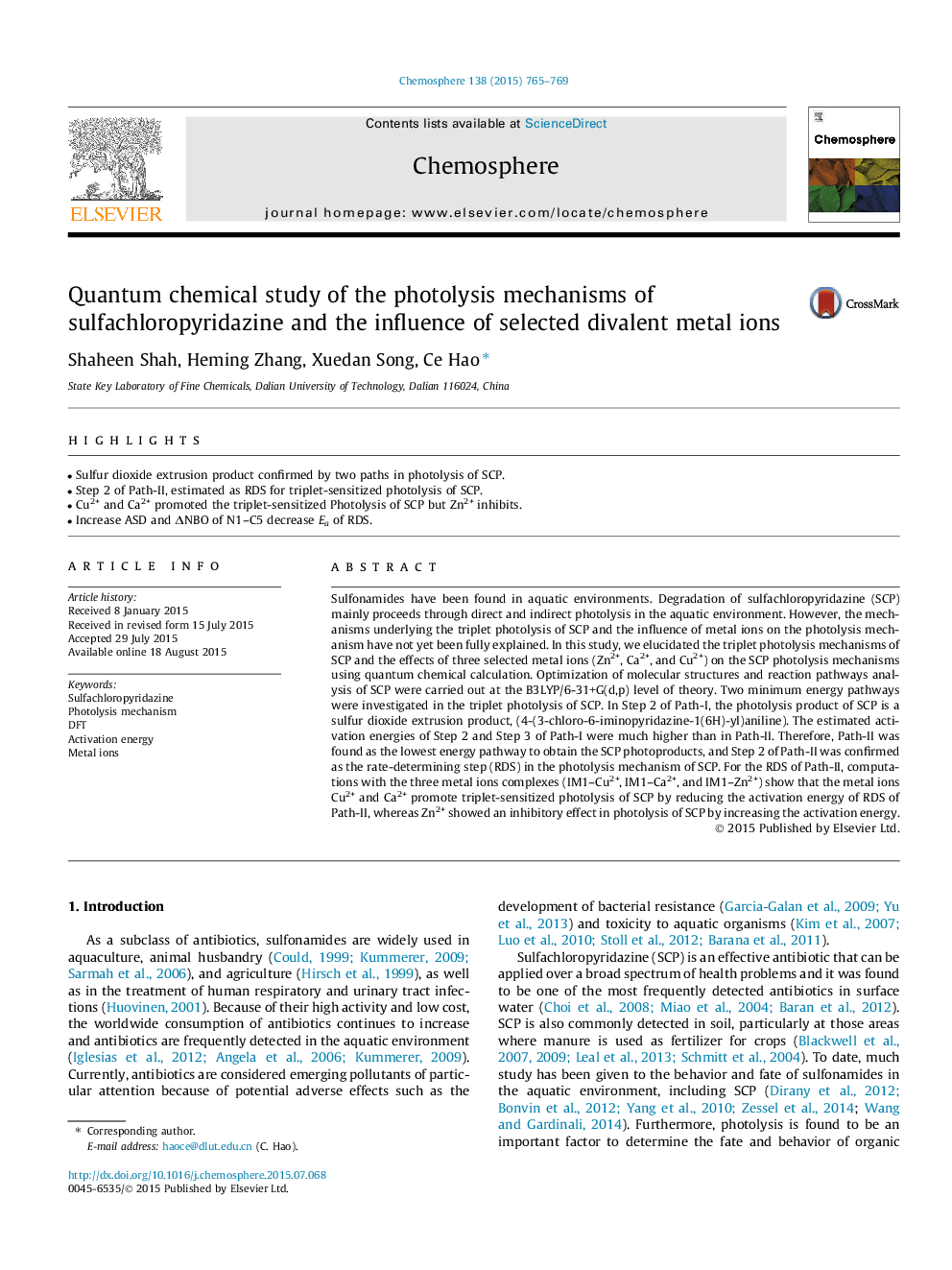 Quantum chemical study of the photolysis mechanisms of sulfachloropyridazine and the influence of selected divalent metal ions