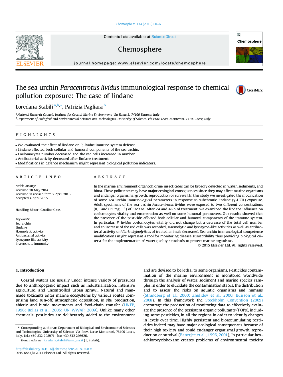 The sea urchin Paracentrotus lividus immunological response to chemical pollution exposure: The case of lindane