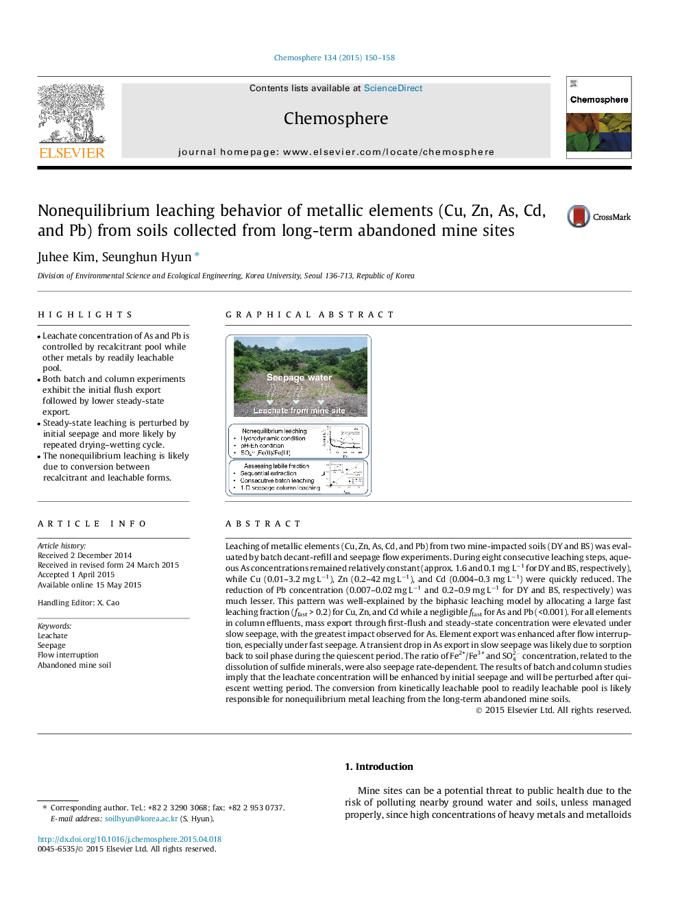 Nonequilibrium leaching behavior of metallic elements (Cu, Zn, As, Cd, and Pb) from soils collected from long-term abandoned mine sites