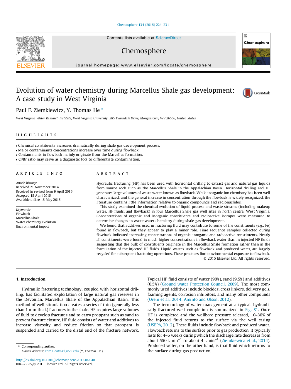 Evolution of water chemistry during Marcellus Shale gas development: A case study in West Virginia