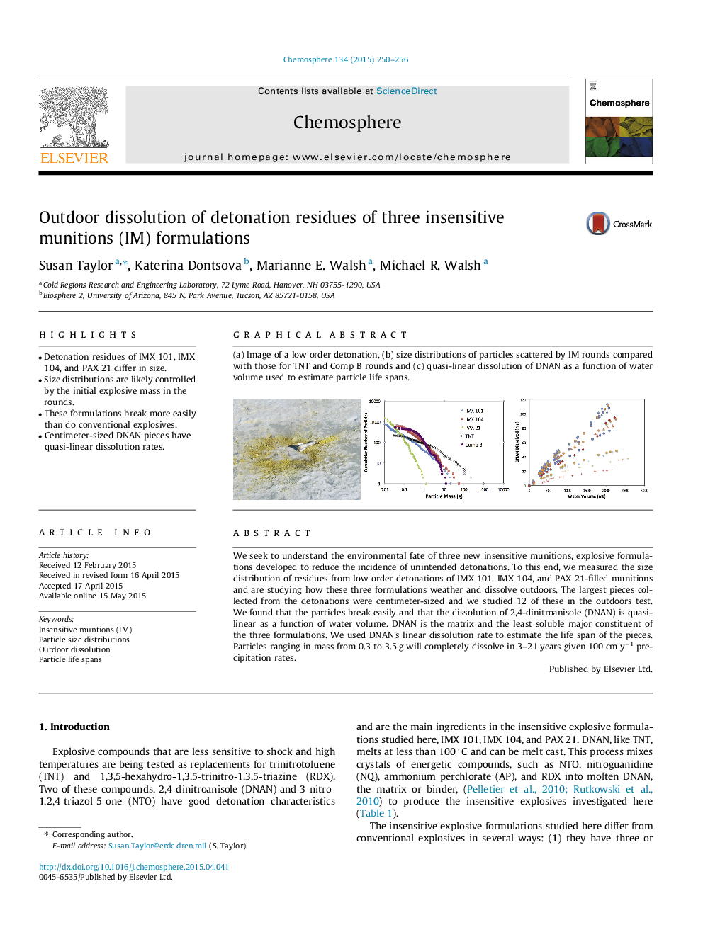 Outdoor dissolution of detonation residues of three insensitive munitions (IM) formulations