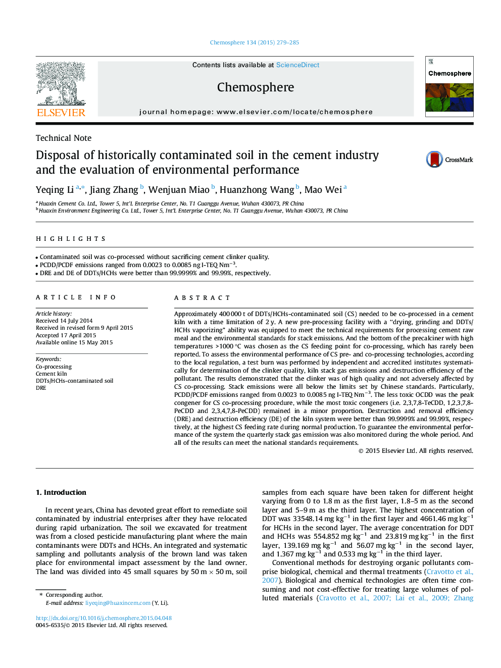 Disposal of historically contaminated soil in the cement industry and the evaluation of environmental performance