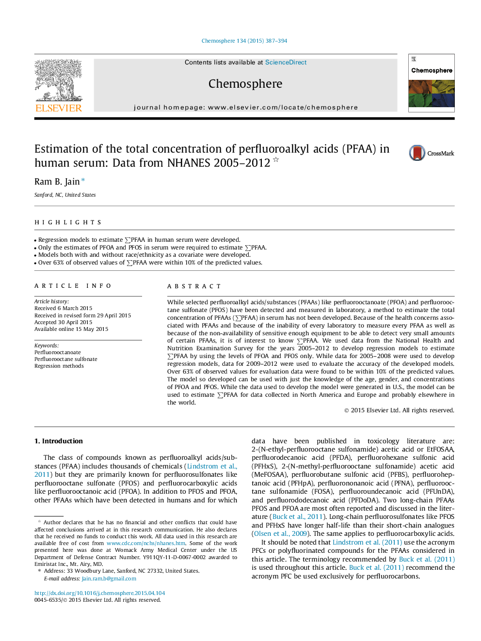 Estimation of the total concentration of perfluoroalkyl acids (PFAA) in human serum: Data from NHANES 2005-2012