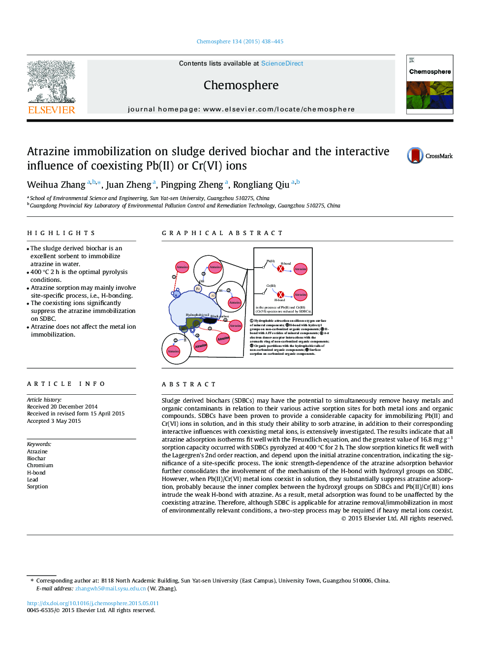 Atrazine immobilization on sludge derived biochar and the interactive influence of coexisting Pb(II) or Cr(VI) ions