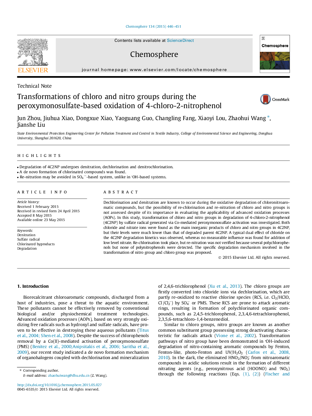 Transformations of chloro and nitro groups during the peroxymonosulfate-based oxidation of 4-chloro-2-nitrophenol