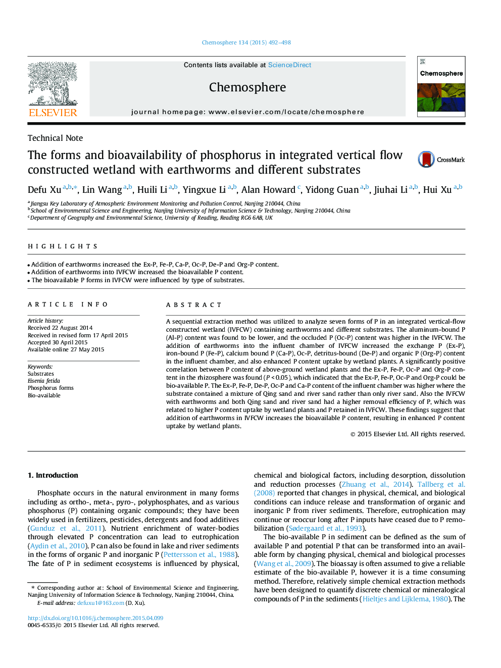 The forms and bioavailability of phosphorus in integrated vertical flow constructed wetland with earthworms and different substrates