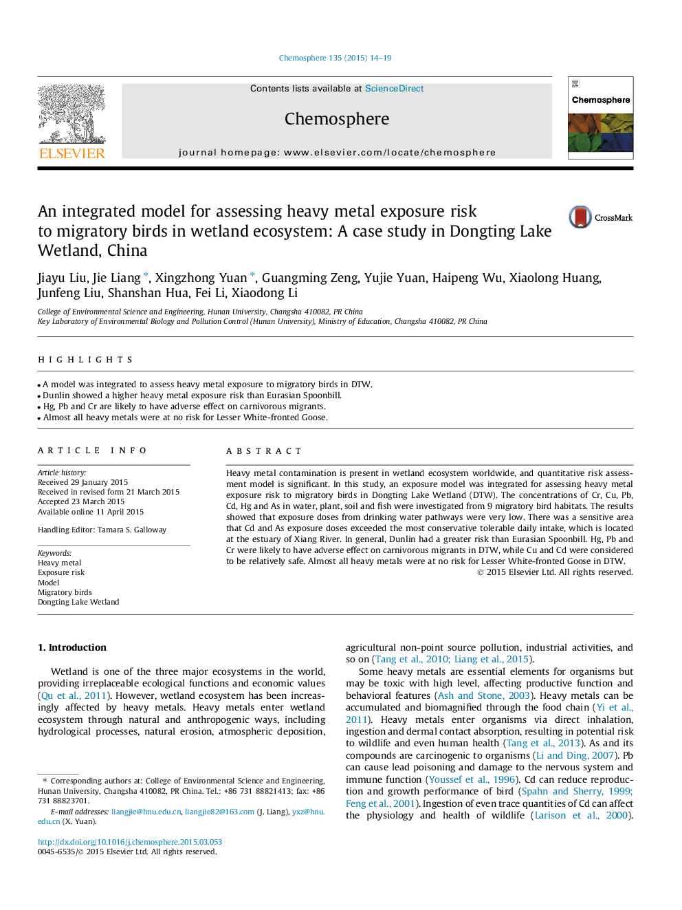 An integrated model for assessing heavy metal exposure risk to migratory birds in wetland ecosystem: A case study in Dongting Lake Wetland, China