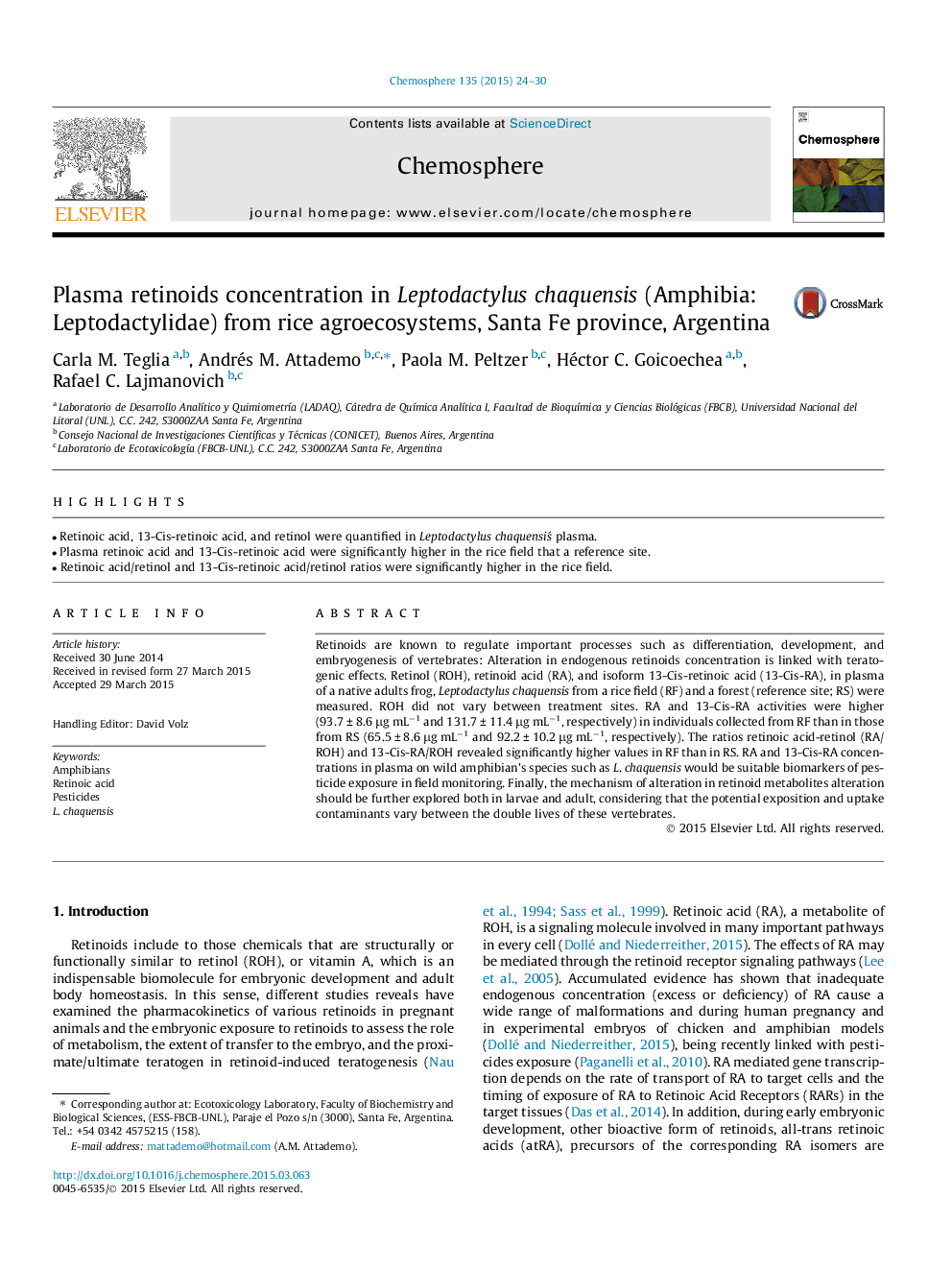 Plasma retinoids concentration in Leptodactylus chaquensis (Amphibia: Leptodactylidae) from rice agroecosystems, Santa Fe province, Argentina