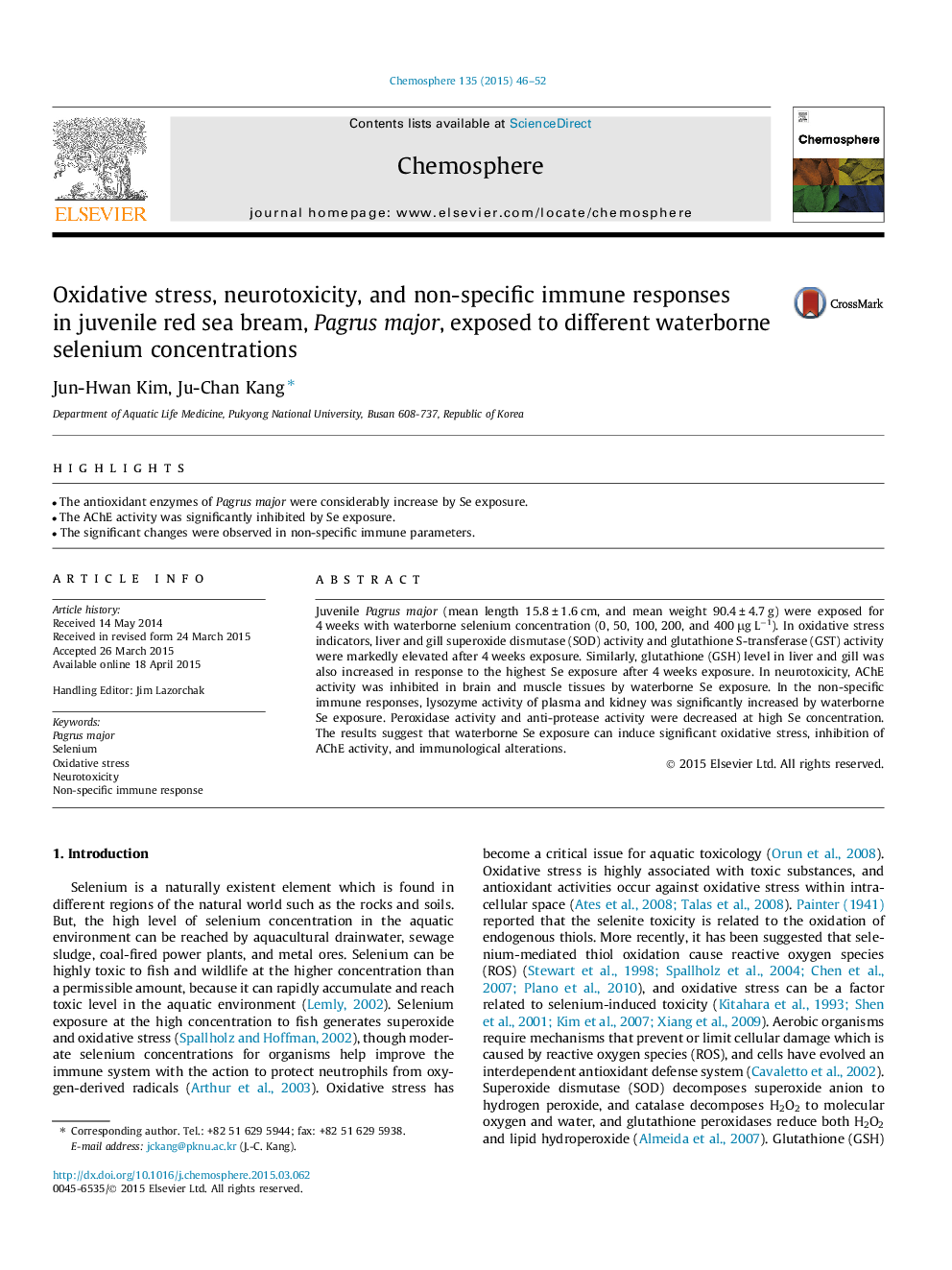 Oxidative stress, neurotoxicity, and non-specific immune responses in juvenile red sea bream, Pagrus major, exposed to different waterborne selenium concentrations