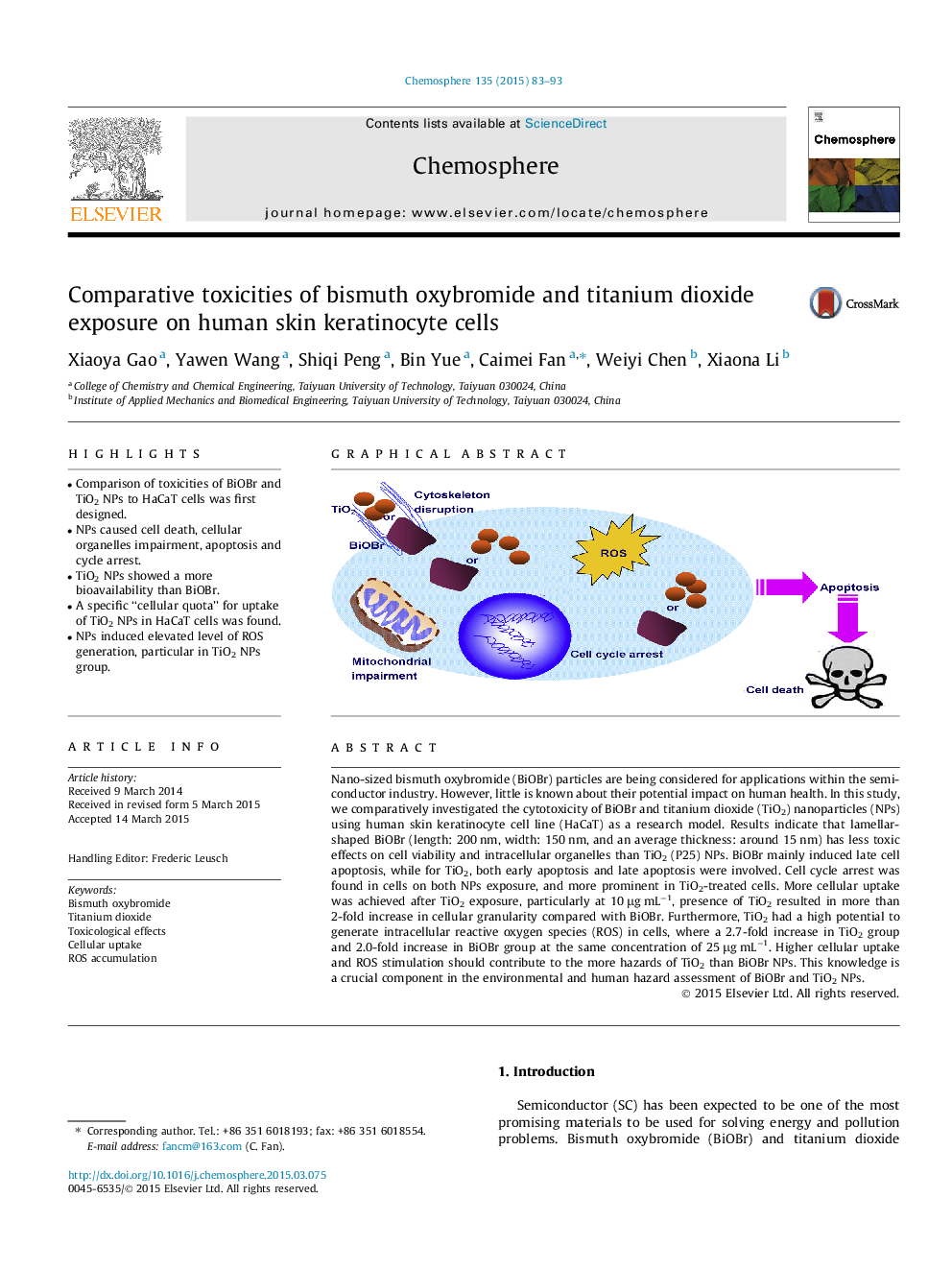 Comparative toxicities of bismuth oxybromide and titanium dioxide exposure on human skin keratinocyte cells