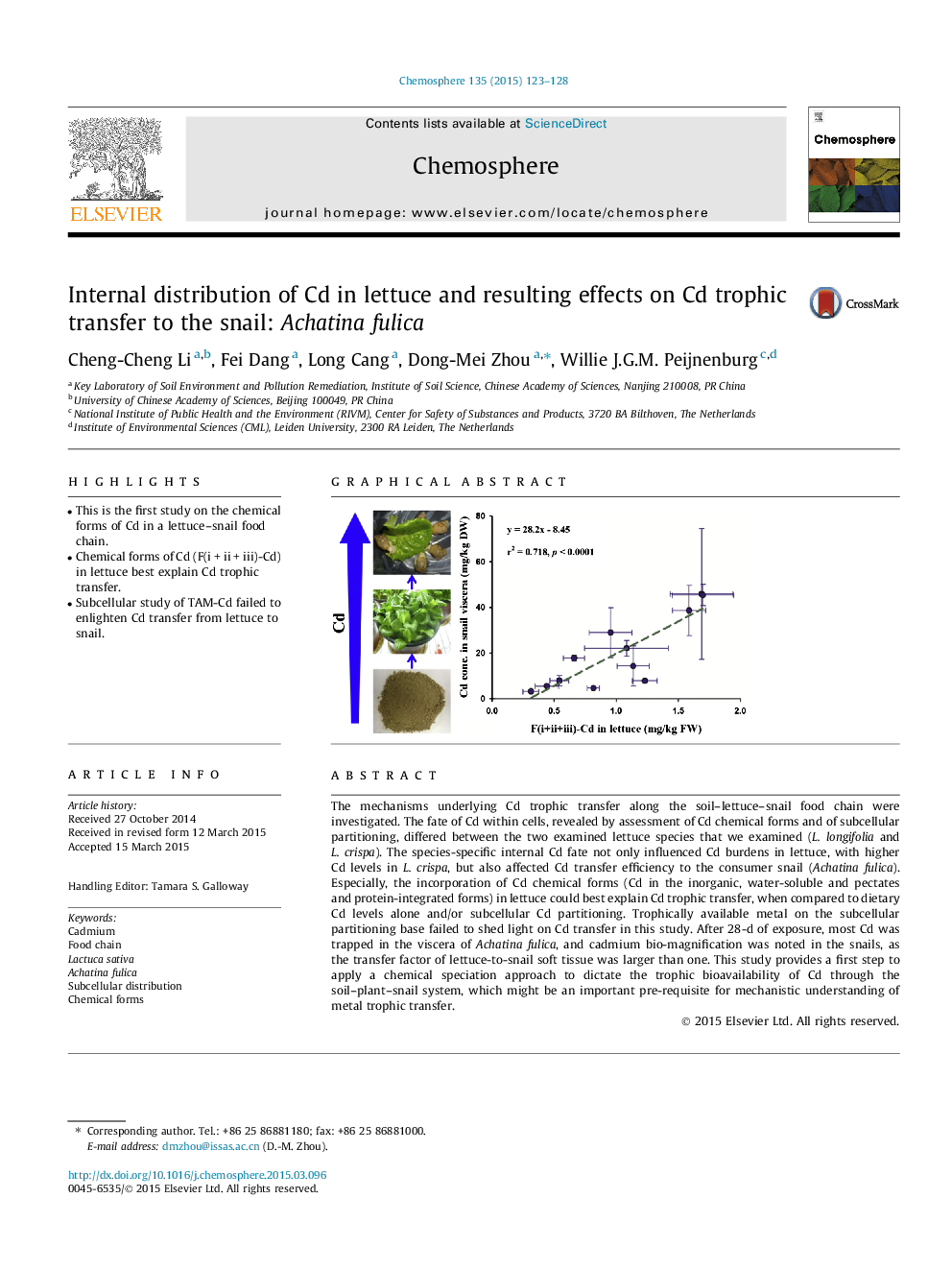 Internal distribution of Cd in lettuce and resulting effects on Cd trophic transfer to the snail: Achatina fulica