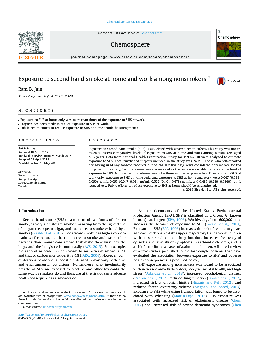 Exposure to second hand smoke at home and work among nonsmokers