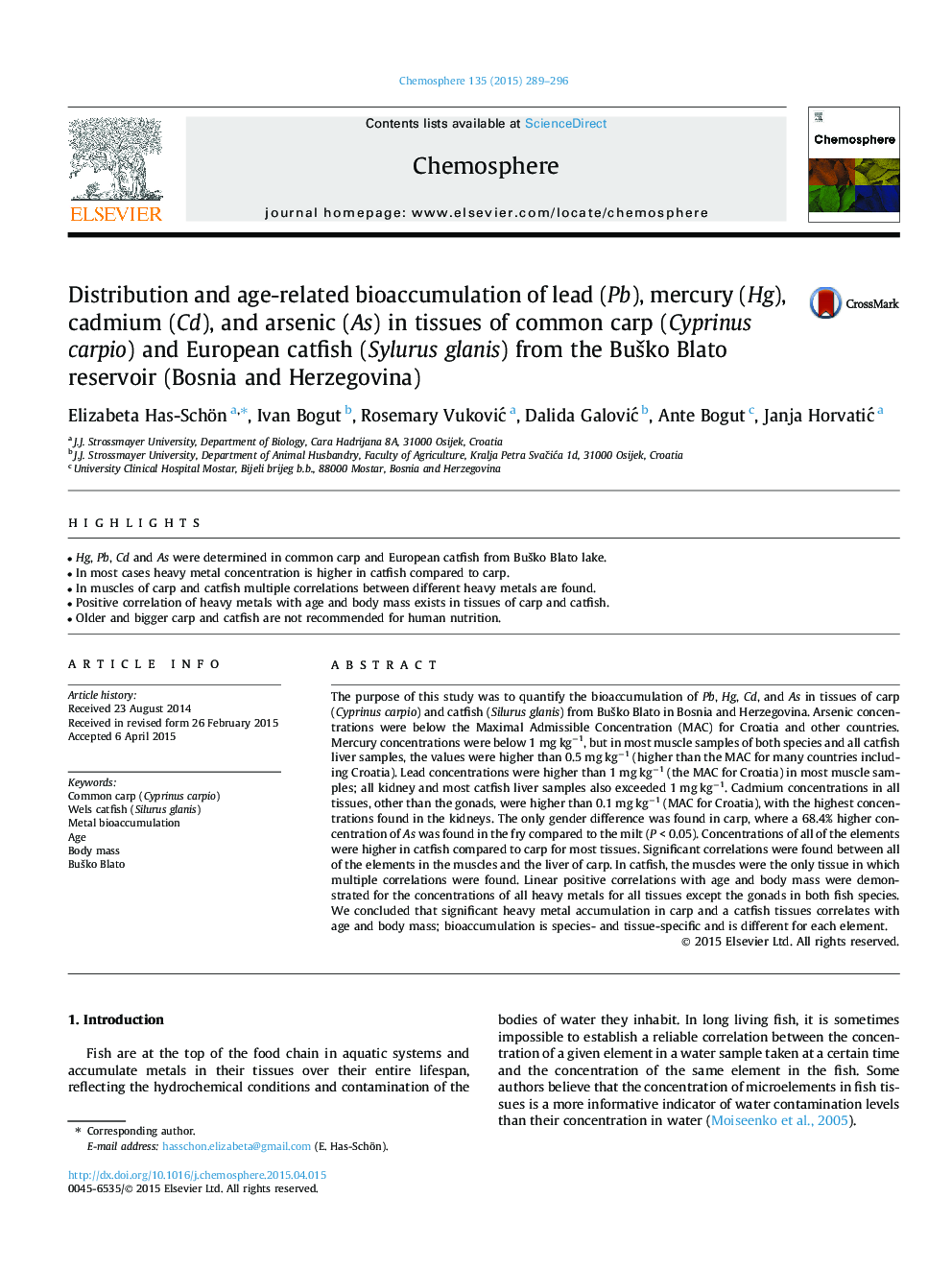 Distribution and age-related bioaccumulation of lead (Pb), mercury (Hg), cadmium (Cd), and arsenic (As) in tissues of common carp (Cyprinus carpio) and European catfish (Sylurus glanis) from the BuÅ¡ko Blato reservoir (Bosnia and Herzegovina)