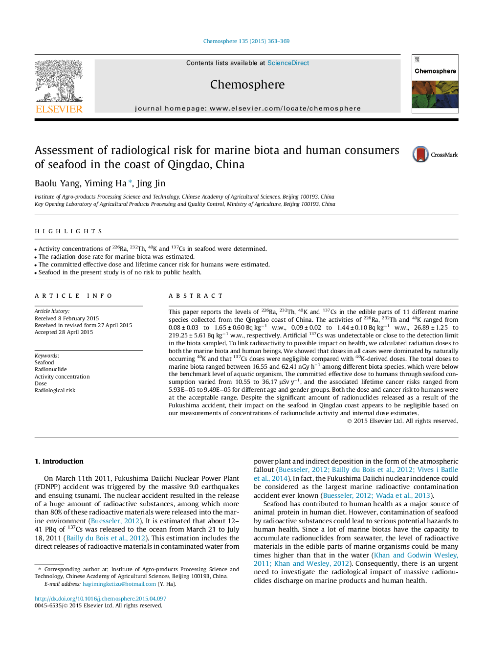 Assessment of radiological risk for marine biota and human consumers of seafood in the coast of Qingdao, China