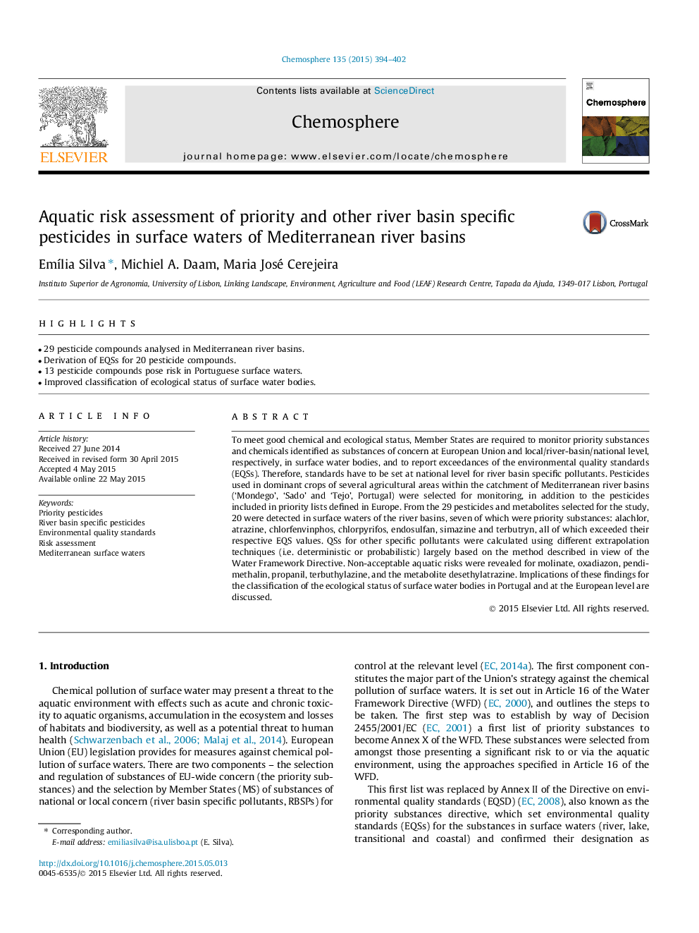 Aquatic risk assessment of priority and other river basin specific pesticides in surface waters of Mediterranean river basins