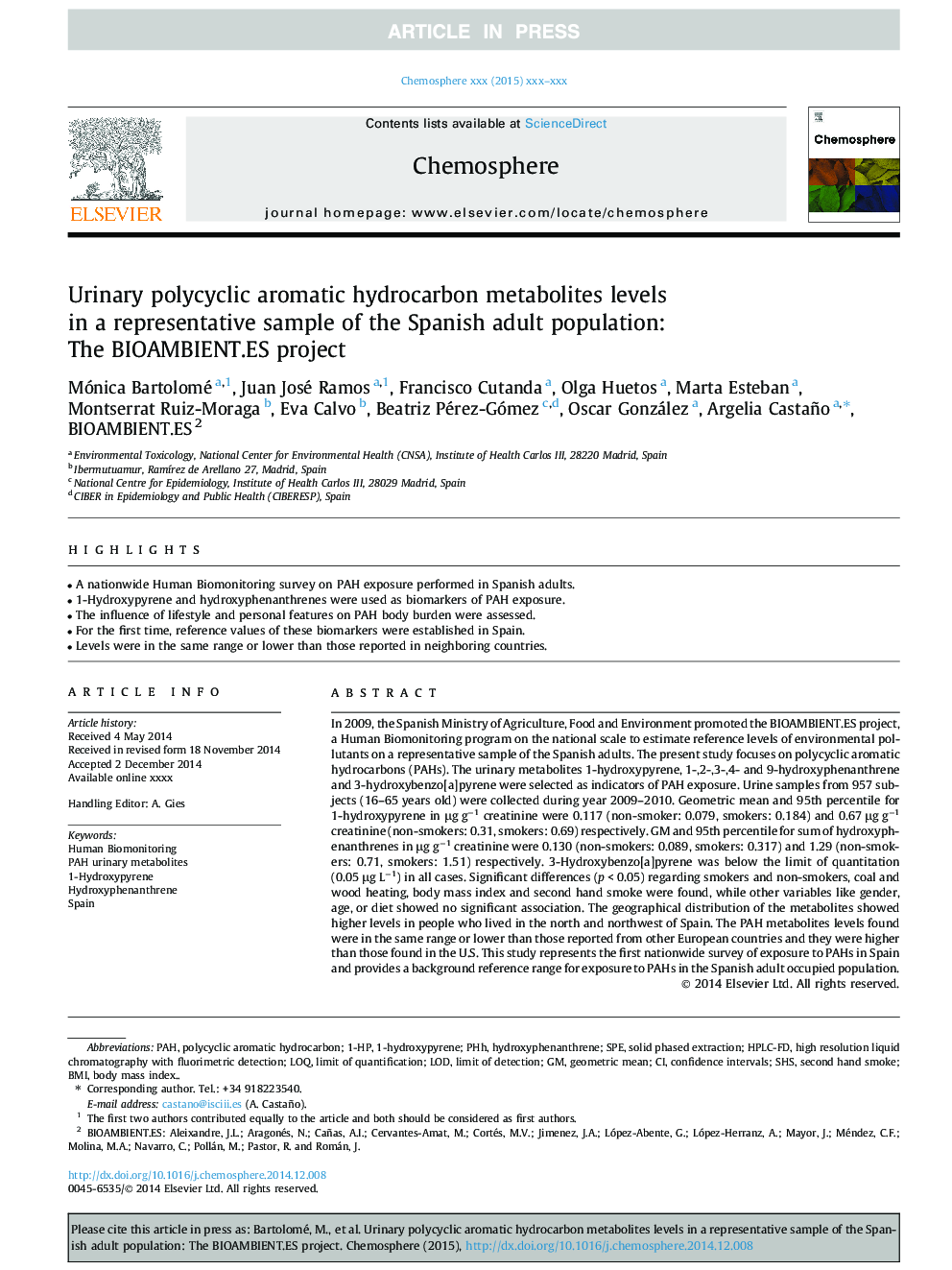 Urinary polycyclic aromatic hydrocarbon metabolites levels in a representative sample of the Spanish adult population: The BIOAMBIENT.ES project