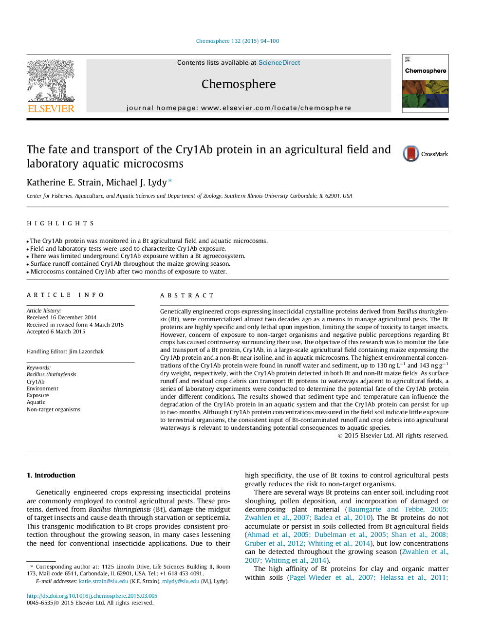 The fate and transport of the Cry1Ab protein in an agricultural field and laboratory aquatic microcosms