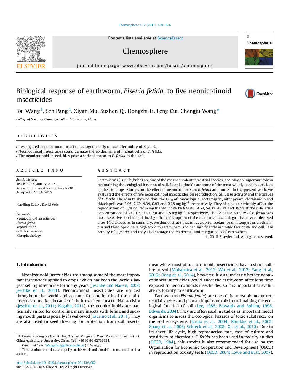 Biological response of earthworm, Eisenia fetida, to five neonicotinoid insecticides