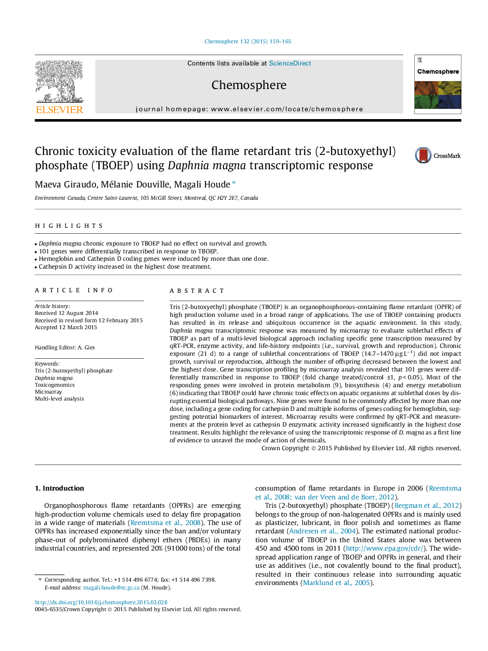 Chronic toxicity evaluation of the flame retardant tris (2-butoxyethyl) phosphate (TBOEP) using Daphnia magna transcriptomic response