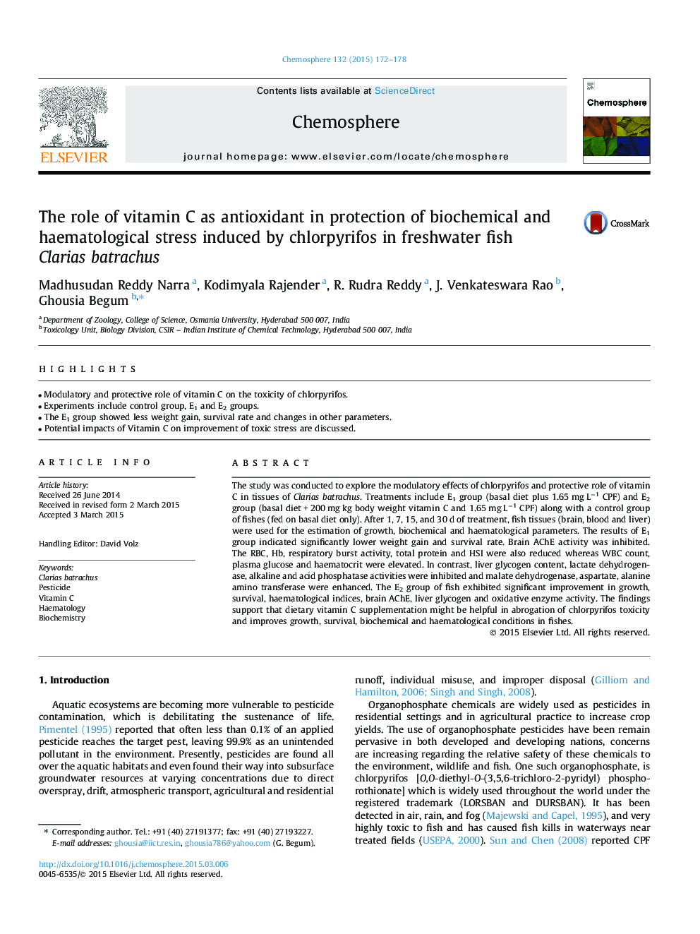 The role of vitamin C as antioxidant in protection of biochemical and haematological stress induced by chlorpyrifos in freshwater fish Clarias batrachus