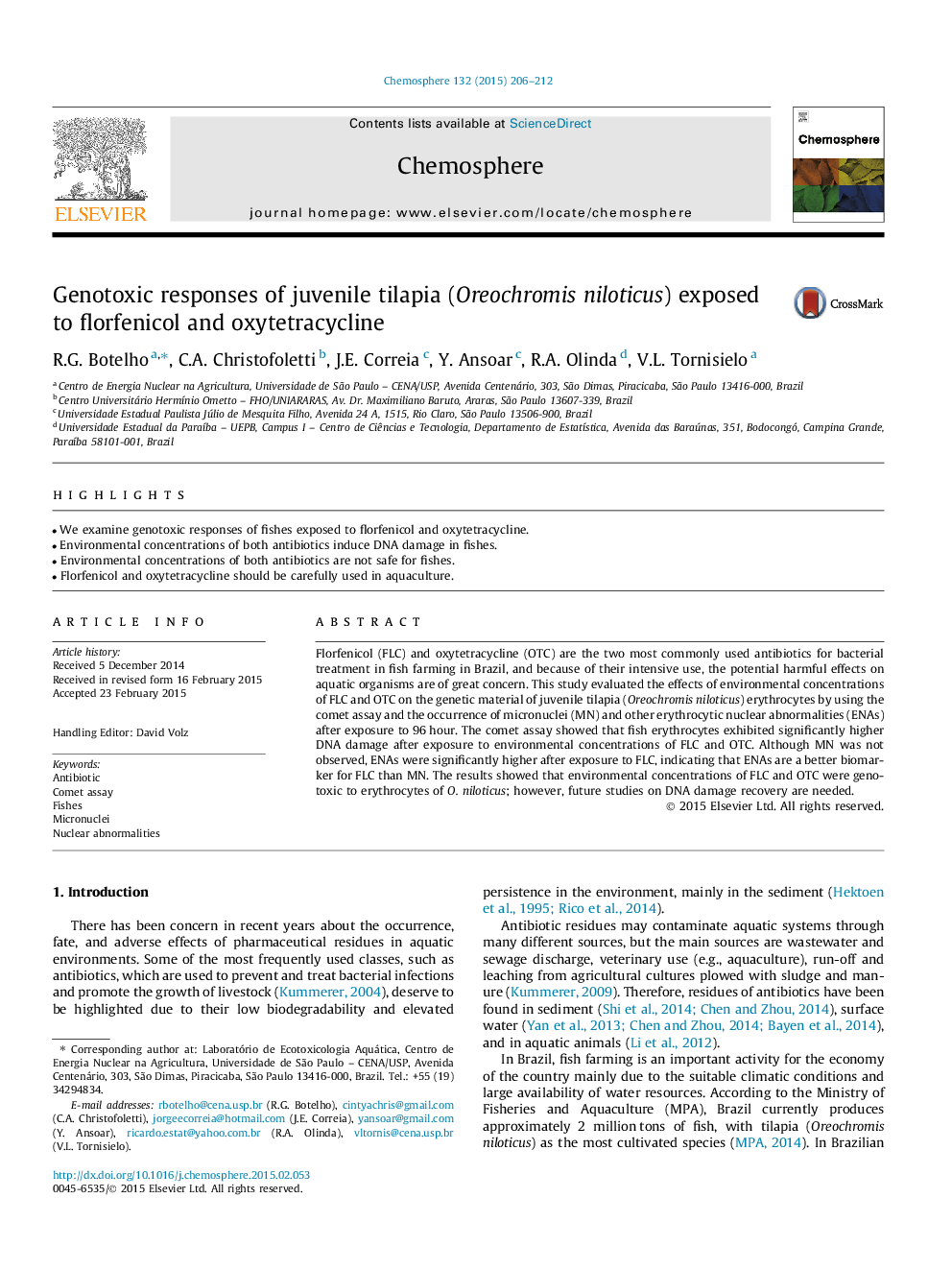 Genotoxic responses of juvenile tilapia (Oreochromis niloticus) exposed to florfenicol and oxytetracycline