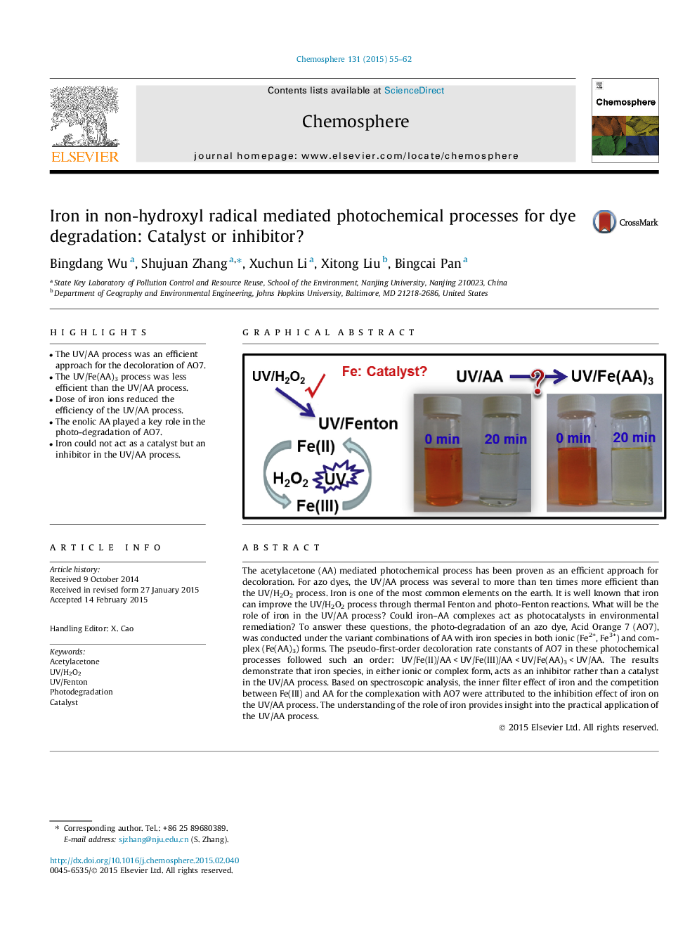 Iron in non-hydroxyl radical mediated photochemical processes for dye degradation: Catalyst or inhibitor?