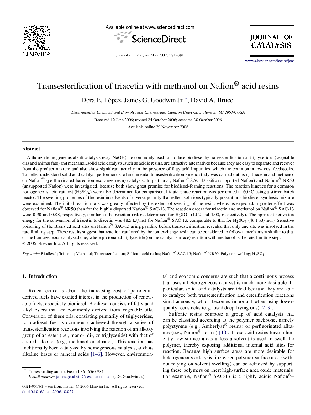 Transesterification of triacetin with methanol on Nafion® acid resins