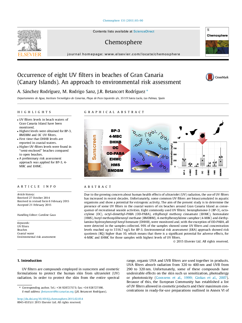 Occurrence of eight UV filters in beaches of Gran Canaria (Canary Islands). An approach to environmental risk assessment