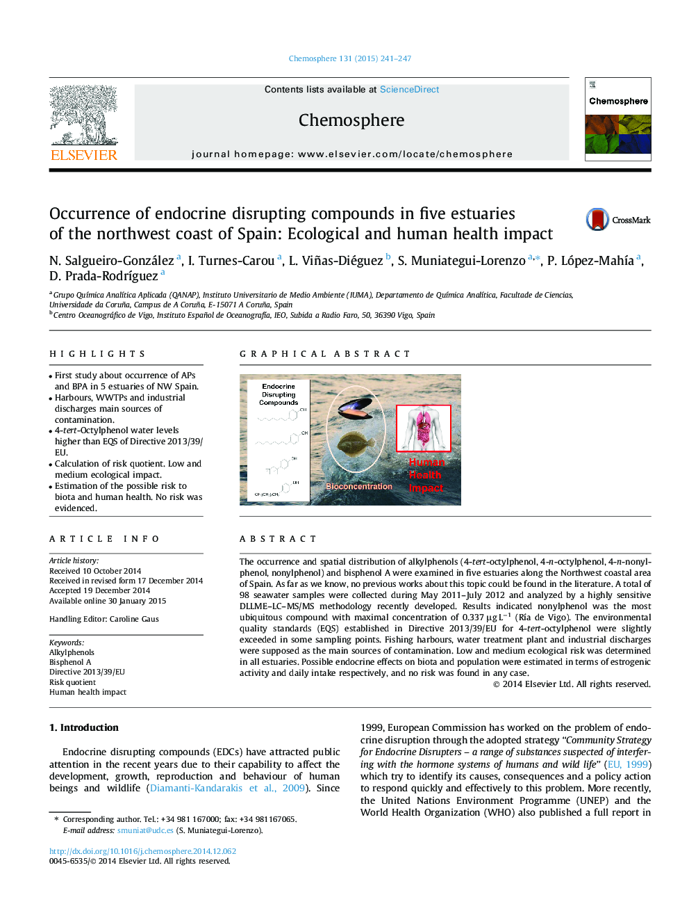 Occurrence of endocrine disrupting compounds in five estuaries of the northwest coast of Spain: Ecological and human health impact