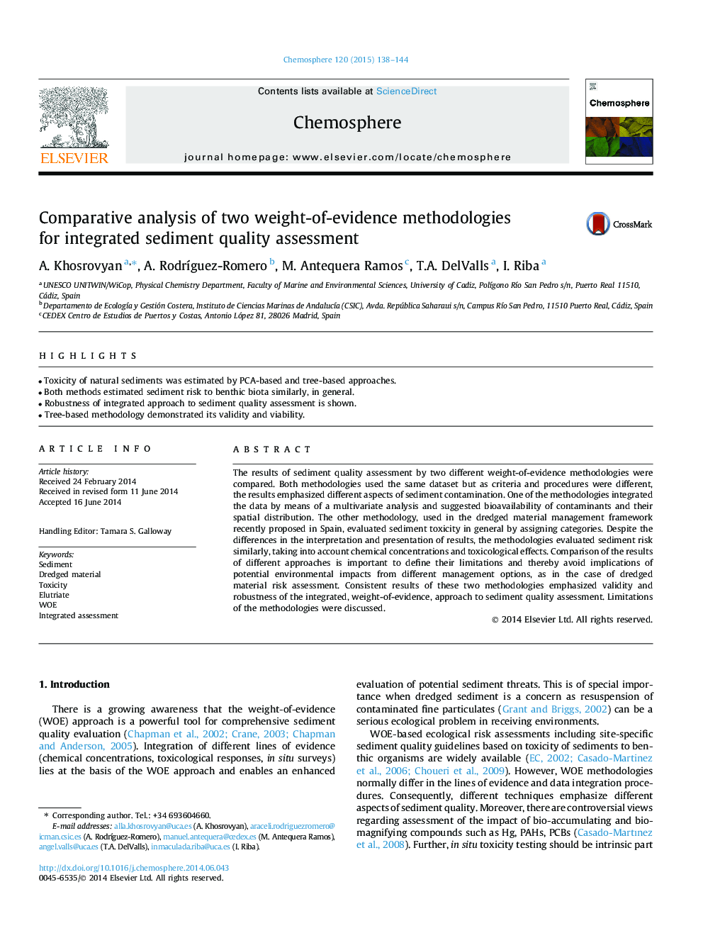 Comparative analysis of two weight-of-evidence methodologies for integrated sediment quality assessment