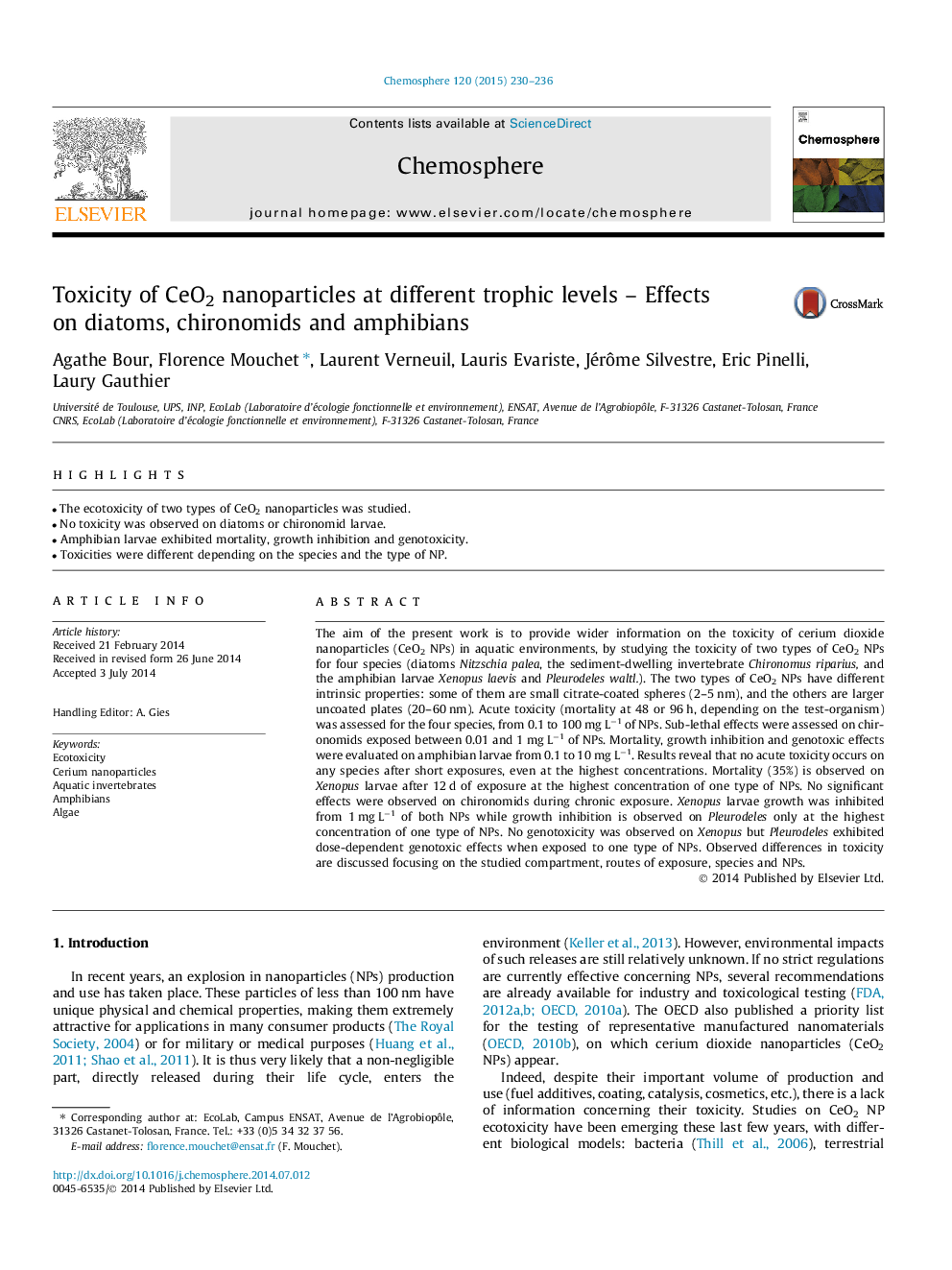 Toxicity of CeO2 nanoparticles at different trophic levels - Effects on diatoms, chironomids and amphibians